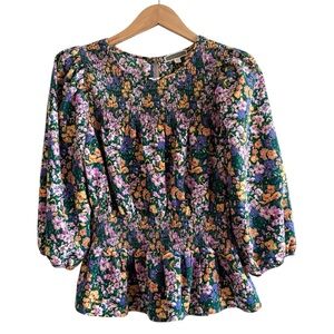 Pleiond Floral Smocked Peplum Peasant Blouse